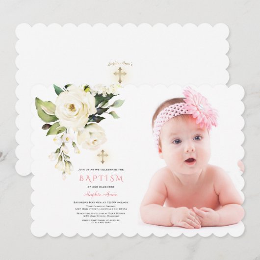 Delicate Witte Bloemen Foto Meisje Gouden Doop Kaart (Voorkant / Achterkant)