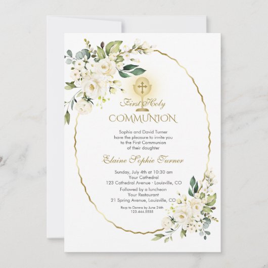 Delicate Witte Bloemen Goud Eerste Heilige Communi Kaart (Voorkant)