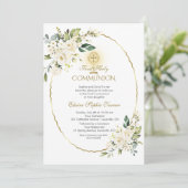 Delicate Witte Bloemen Goud Eerste Heilige Communi Kaart (Staand voorkant)