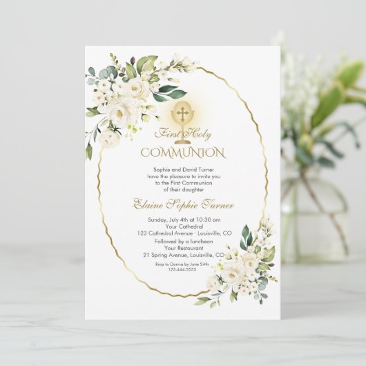Delicate Witte Bloemen Goud Eerste Heilige Communi Kaart (Staand voorkant)