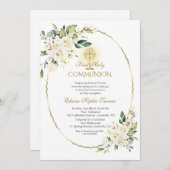 Delicate Witte Bloemen Goud Eerste Heilige Communi Kaart (Voorkant / Achterkant)