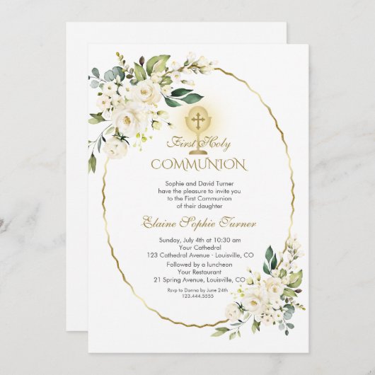 Delicate Witte Bloemen Goud Eerste Heilige Communi Kaart (Voorkant / Achterkant)