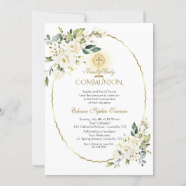 Delicate Witte Bloemen Goud Eerste Heilige Communi Kaart
