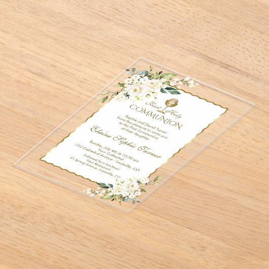 Delicate Witte Bloemen Gouden Meisje Heilige Commu Acryl Uitnodigingen (Laagn)