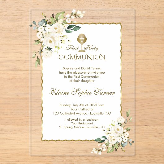 Delicate Witte Bloemen Gouden Meisje Heilige Commu Acryl Uitnodigingen (Voorkant)
