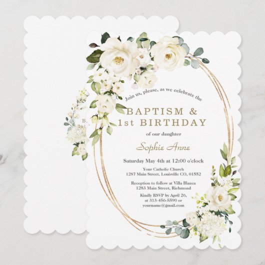 Delicate Witte Bloemen Meisje 1e Verjaardag Doop Kaart (Voorkant / Achterkant)