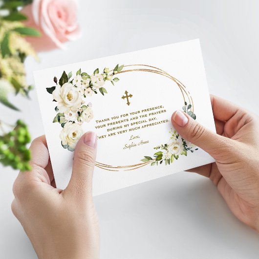 Delicate Witte Bloemen Meisje 1e Verjaardag Doopfe Bedankkaart