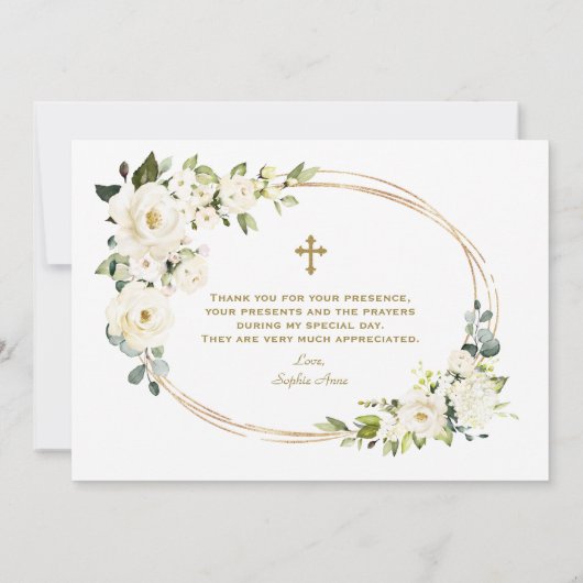 Delicate Witte Bloemen Meisje 1e Verjaardag Doopfe Bedankkaart (Achterkant)