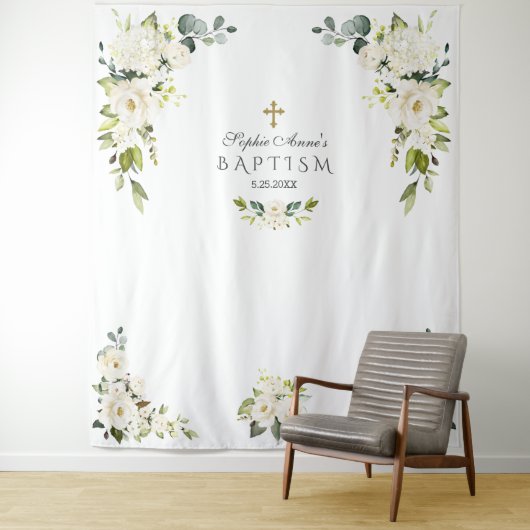 Delicate Witte Bloemige Doop Foto Booth Prop Wandkleed (In situ)