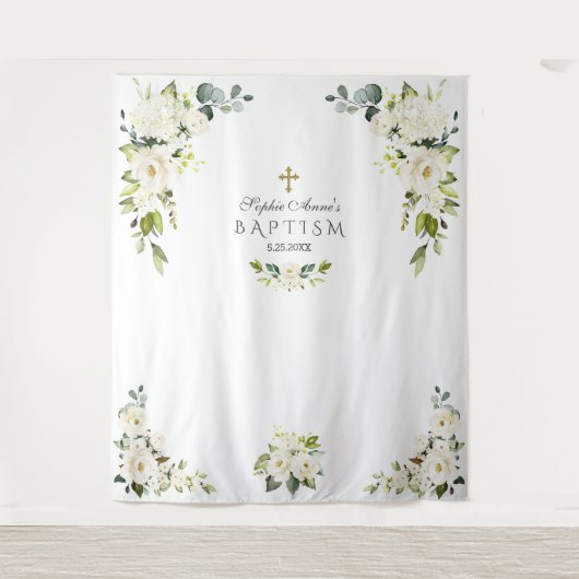 Delicate Witte Bloemige Doop Fotohut Prop Wandkleed (Voorkant)