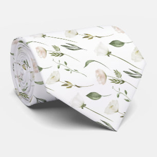 Delicate Witte Bloemige Groene Bladeren Op Wit Stropdas