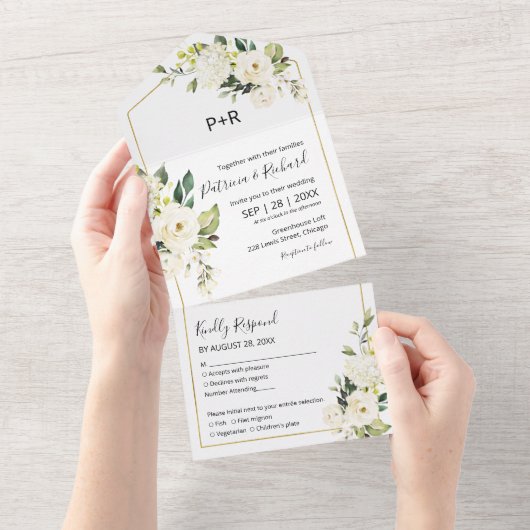 Delicate witte crème bloemige elegante bruiloft all in one uitnodiging (Afscheurbaar)
