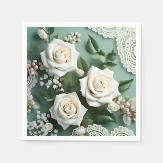 Delicate witte rozen en groene bladeren servet (Voorkant)
