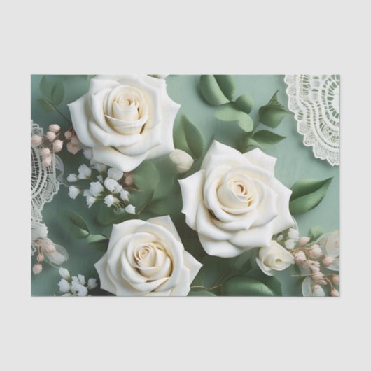Delicate witte rozen en groene bladeren tissuepapier (Voorkant)