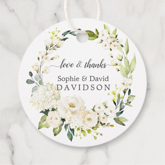 Delicate Witte Rozen Hydrangea Gouden Bruiloft Bedankjes Labels (Achterkant)