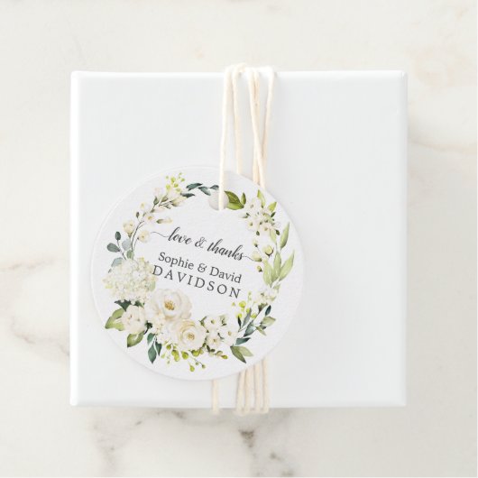 Delicate Witte Rozen Hydrangea Gouden Bruiloft Bedankjes Labels (In situ)