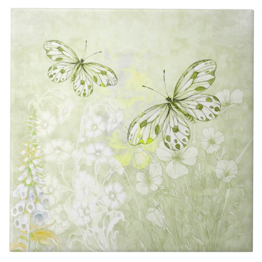 Delicate witte vlinders op zachte groene tegel tegeltje (Voorkant)
