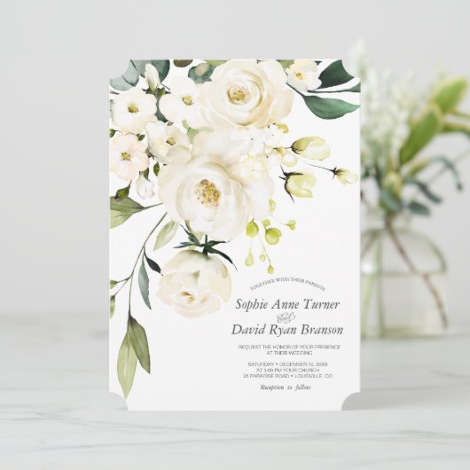 Delicate witte watercolorbloemen bruiloft kaart (Staand voorkant)