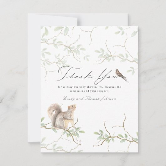 Delicate Woodland Forest Squirrel Baby shower Bedankkaart (Voorkant)