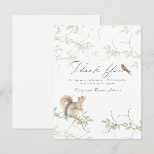 Delicate Woodland Forest Squirrel Baby shower Bedankkaart (Voorkant / Achterkant)