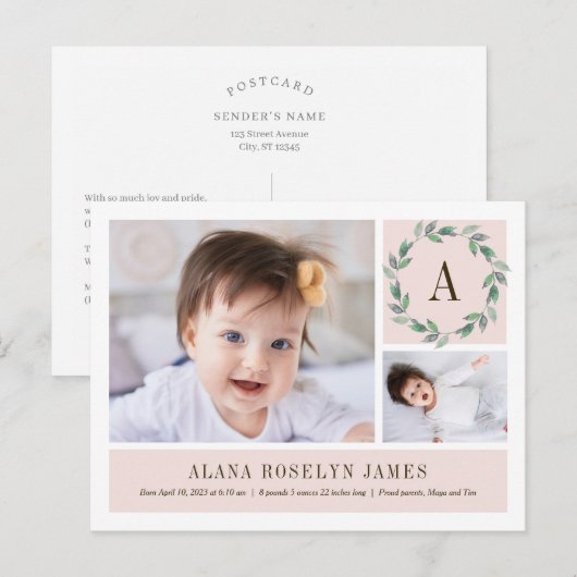 Delicate Wreath Birth Announcement Briefkaart (Voorkant / Achterkant)