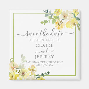 Delicate Yellow Floral Sage Green Save the Date Magneet