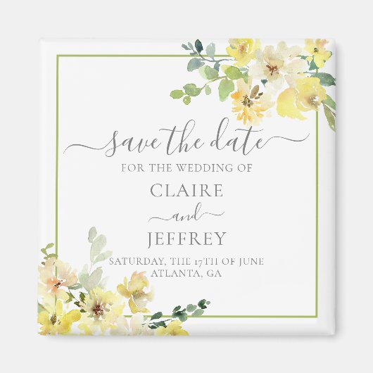 Delicate Yellow Floral Sage Green Save the Date Magneet (Voorkant)