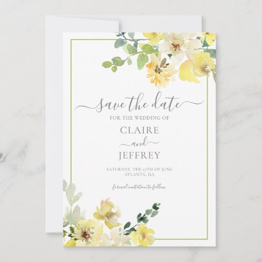 Delicate Yellow Floral Sage Green Summer Save The Date (Voorkant)