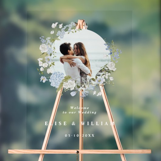 Delicate zachte blauwe bloemenkrans bruiloft welko acryl bord (Neutraal)