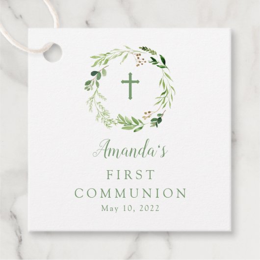Delicate zachte groene blad krans eerste communie bedankjes labels (Voorkant)