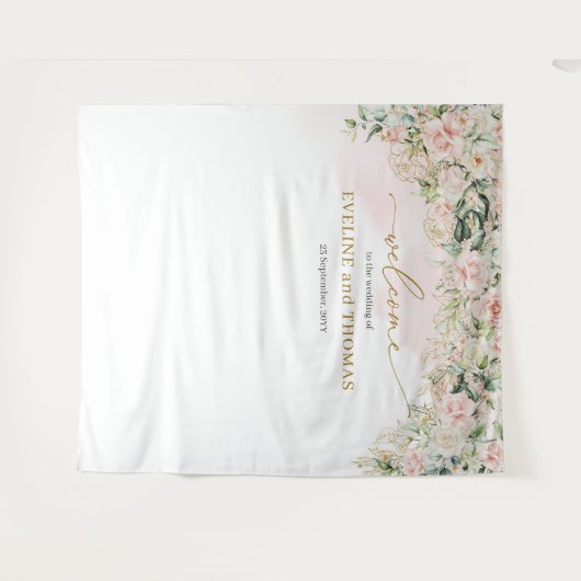 Delicate zachte pastel roze rozen bruiloft achterg wandkleed (Voorkant (horizontaal))