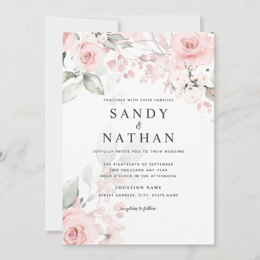 Delicate zachte roze roos bruiloft uitnodiging (Voorkant)