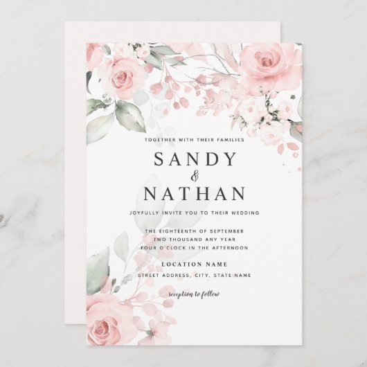 Delicate zachte roze roos bruiloft uitnodiging (Voorkant / Achterkant)
