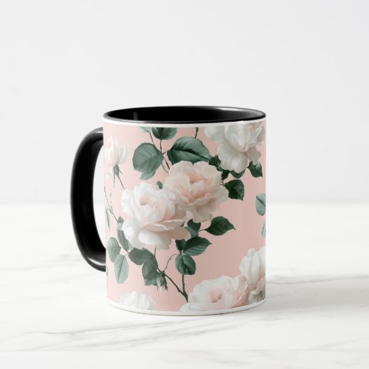 Delicate zachte roze roos witte bloemmotief mok (Voorkant links)