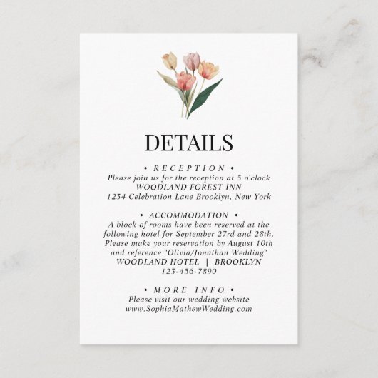 Delicate Zachte Tulpen Waterverf Bruiloft Details Informatiekaartje (Voorkant)