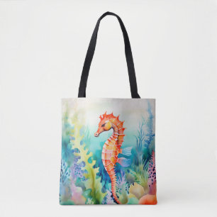 Delicate zeepaardje met koraalrif Waterverf Tote Bag