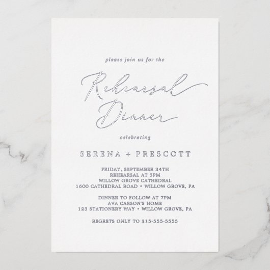 Delicate Zilver Folie Calligrafie Oefen Diner Folie Uitnodiging (Voorkant)