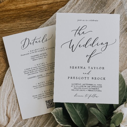 Delicate zwart alles in één QR diner bruiloft Kaart