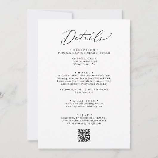 Delicate zwart alles in één QR diner bruiloft Kaart (Achterkant)