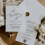 Delicate zwart alles in één QR receptie bruiloft Kaart<br><div class="desc">Deze delicate zwarte kalligrafie alles in één QR receptie bruiloft uitnodiging is perfect voor een moderne bruiloft. Het romantische minimalistische ontwerp heeft een mooie en elegante zwarte typografie op een witte achtergrond met een schone en eenvoudige uitstraling. Bespaar papier door de details op de achterkant van de huwelijksuitnodiging in plaats...</div>