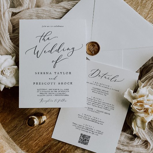 Delicate zwart alles in één QR receptie bruiloft Kaart