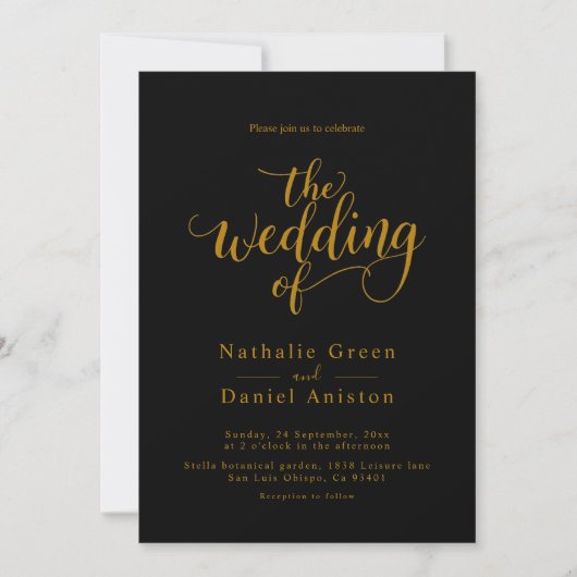 Delicate zwart en goud script Classy Wedding Kaart (Voorkant)