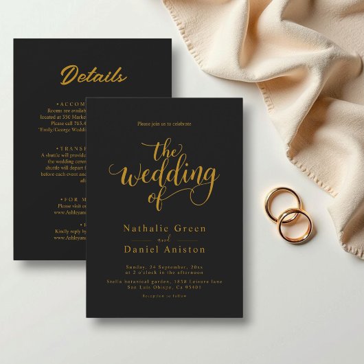 Delicate zwart en goud script Classy Wedding Kaart