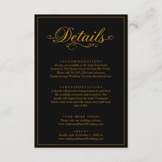 Delicate zwart en goud script eenvoudige bruiloft informatiekaartje (Voorkant)