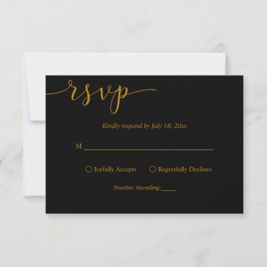 Delicate zwart en goud script eenvoudige bruiloft RSVP kaartje (Voorkant)