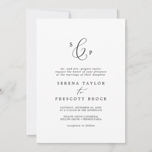 Delicate zwart formeel monogram alles in één bruil kaart (Voorkant)