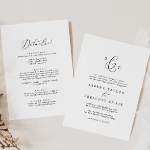 Delicate zwart formeel monogram alles in één bruil kaart