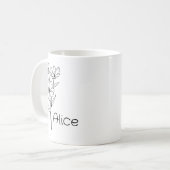 Delicate zwart-wit bloemen gepersonaliseerde naam koffiemok (Voorkant links)