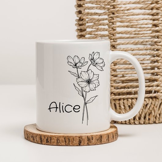 Delicate zwart-wit bloemen gepersonaliseerde naam koffiemok