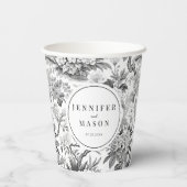 Delicate zwart wit bloemenbruiloft papieren bekers (Achterkant)